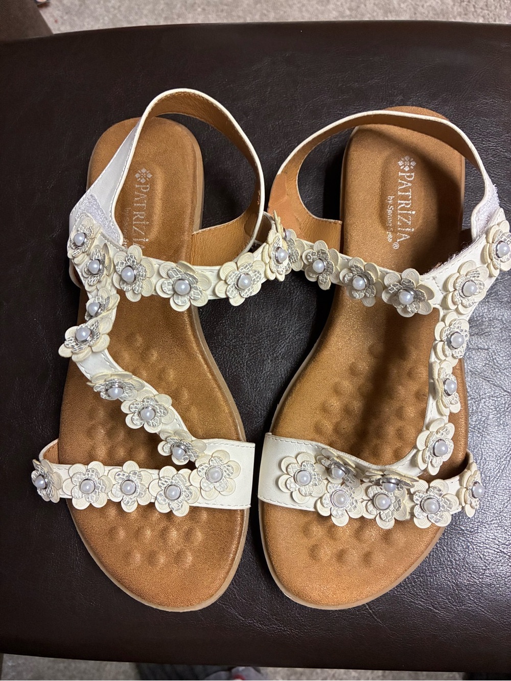 Patrizia White Floral T-Strap Sandals with Pearl Accents